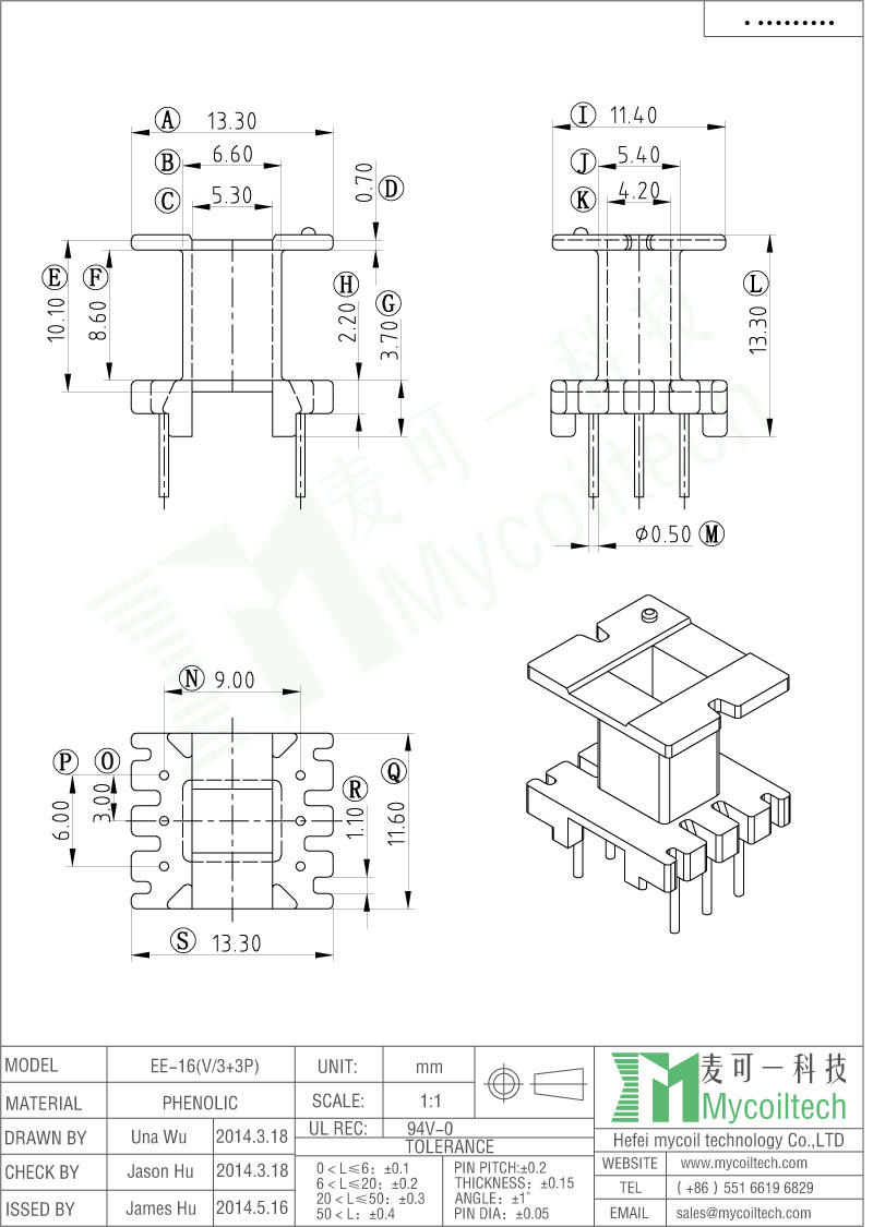 EE16 Vertical Transformer Bobbin Phenolic Material With 3+3 Pins